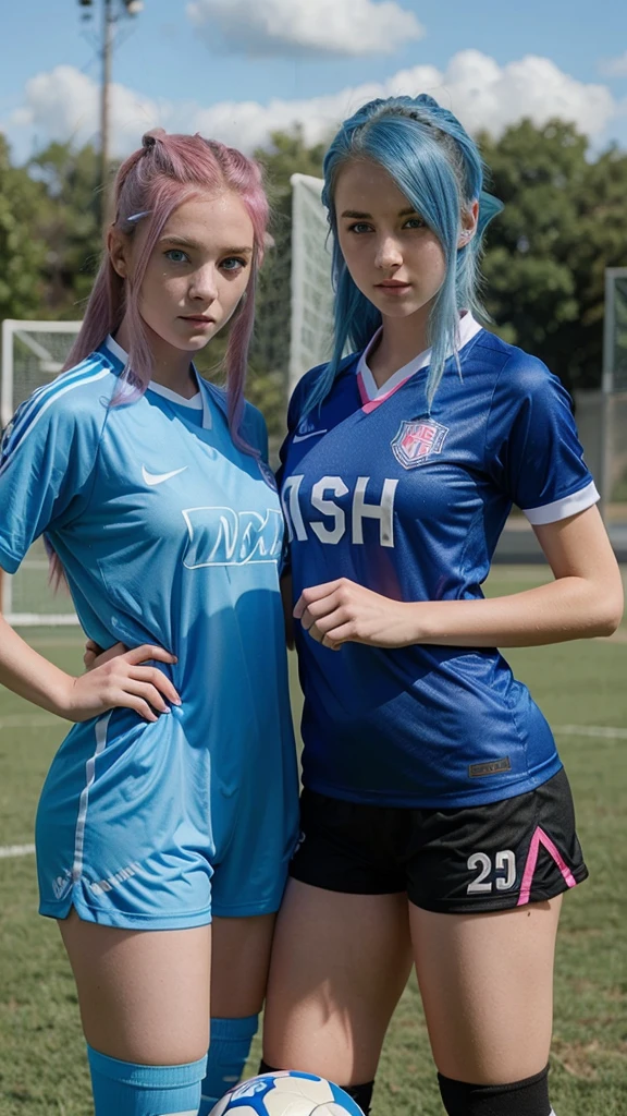 2 girls playing soccer, beautiful eyes, blue eyes, perfect faces, 22 years old both, with pink uniform, blue hair 