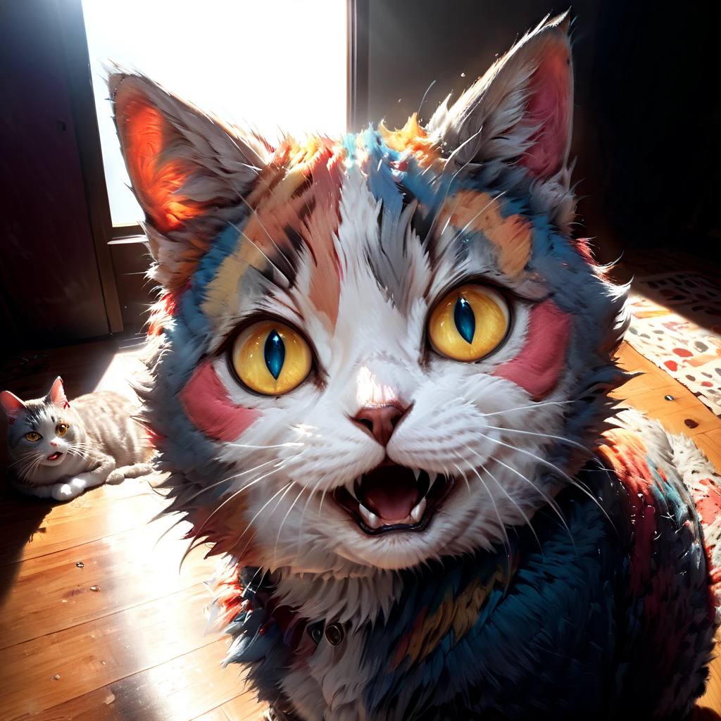 a shocked cat, realistic, highly detailed, 4k, 8k, hyperrealistic, extremely detailed fur, expressive eyes, detailed facial features, striking expression, intense gaze, realistic lighting, dramatic shadows, photorealistic, cinematic composition, vibrant colors, studio lighting