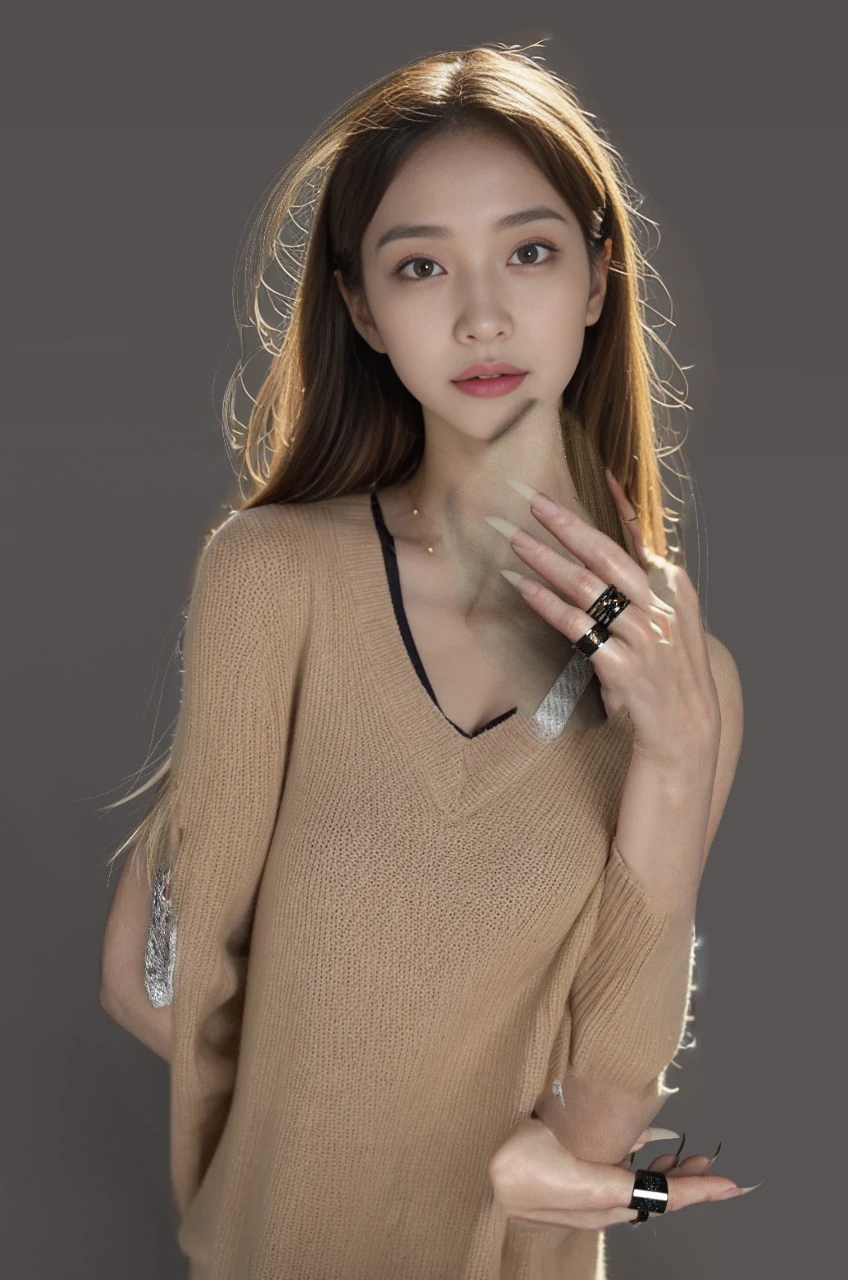 (RAW Photo, Best Quality), (Realistic, Photo Realistic: 1.3), Best Quality, Highly Detailed, Masterpiece, Ultra Detailed, Illustration, 1 Girl, upper_body, Dynamic Angle, World Mastery Theater, messy_long_hair, Best Quality, Extremely Detailed CG Unified 8k Wallpaper, Ink, Amazing, Movie Lights, lens_flare, dunhuang_style, Detailed Face, Beautiful Rendering of Tang Dynasty, (deliberate expression: 1.5), standing in a flower field, (looking up at the starry sky: 1.2), fireflies, floating scarves, Sony master shots, a woman posing for a picture in front of a tv, inspired by Fei Danxu, aesthetic!!!!!! female genie, brown hair and bangs, high definition screenshot, nicovideo, normal hands, vivic colors, full face shot of rimuru tempest, nice studio lighting, vhs screencap, beautiful fine - face, nami, ar