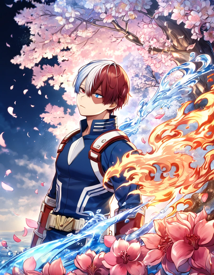 Ultra detailed, highres, absurdres, HDR, master piece, Todoroki Shouto, bicolor hair, right side is white, left side is red, heterochromia, right eye is grey, left eye is blue, Boku No Hero Academia, fantasy, pink petals, water, pink flowers, handsome, sexy man, solo, best quality, blossoms, blue shining fireflies, blue clothes, ice and fire, magical, 