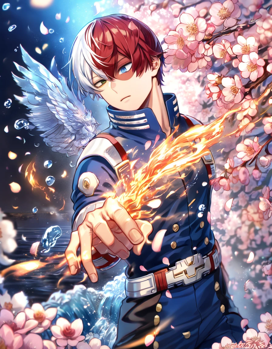 Ultra detailed, highres, absurdres, HDR, master piece, Todoroki Shouto, bicolor hair, right side is white, left side is red, heterochromia, right eye is grey, left eye is blue, Boku No Hero Academia, fantasy, pink petals, water, pink flowers, handsome, sexy man, solo, best quality, blossoms, blue shining fireflies, blue clothes, ice and fire, magical, 