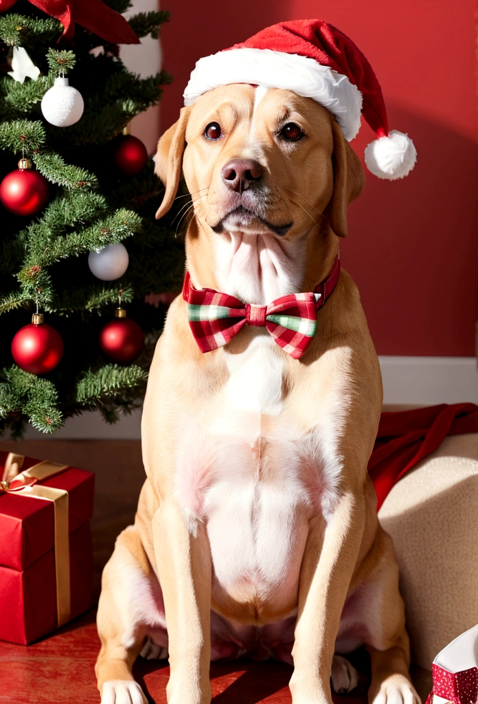 Dog wearing Santa hat and red bow tie,Lighted Christmas tree in the background, Fresh and lovely,warm color palette,Warm scene,Natural light,Pastel tones