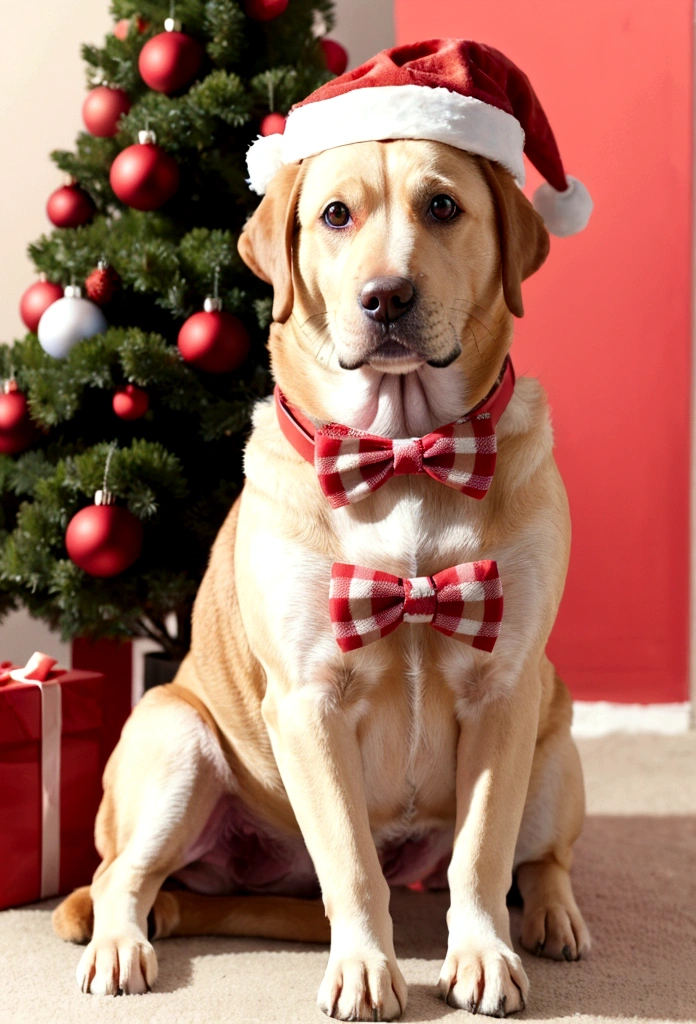 Dog wearing Santa hat and red bow tie，Lighted Christmas tree in the background, Fresh and lovely，warm color palette，Warm scene，Natural light，Pastel tones