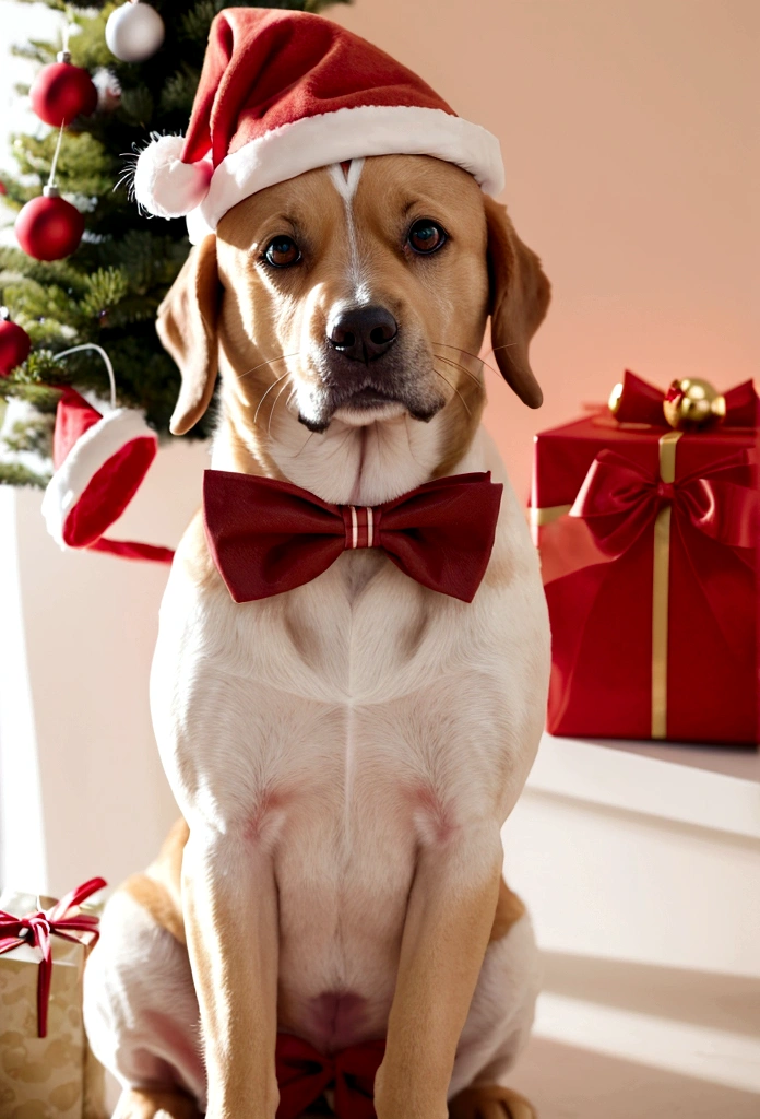 Dog wearing Santa hat and red bow tie，Lighted Christmas tree in the background, Fresh and lovely，warm color palette，Warm scene，Natural light，Pastel tones