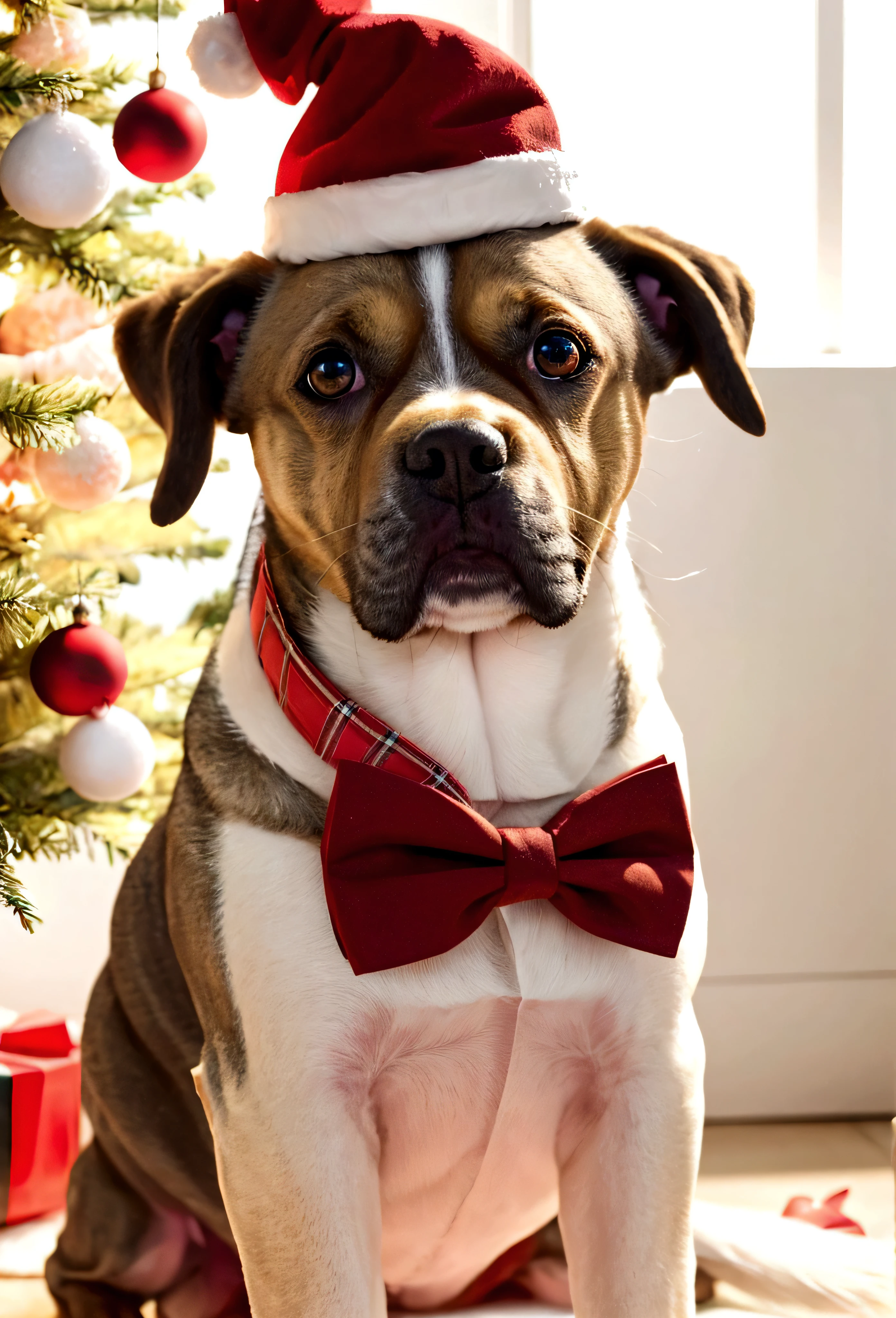 Various dogs wearing Santa hats and red bow ties,Lighted Christmas tree in the background, Fresh and lovely,warm color palette,Warm scene,friendly,Natural light,Pastel tones