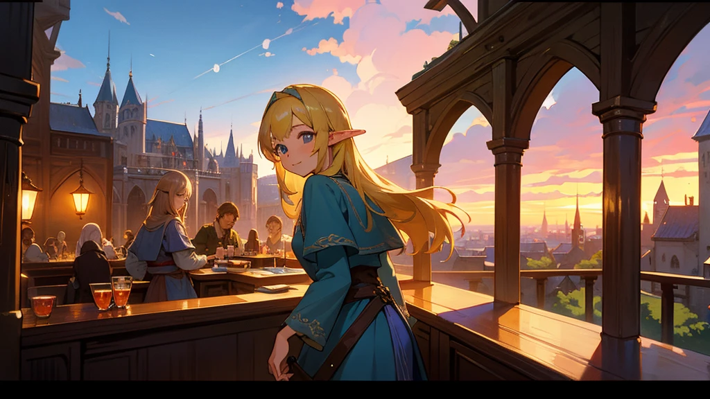 Anime Style,Nostalgic,Detailed background,The medieval world,A lively bar with lots of people,Beautiful sky,A beautiful bard elf girl looking back at me