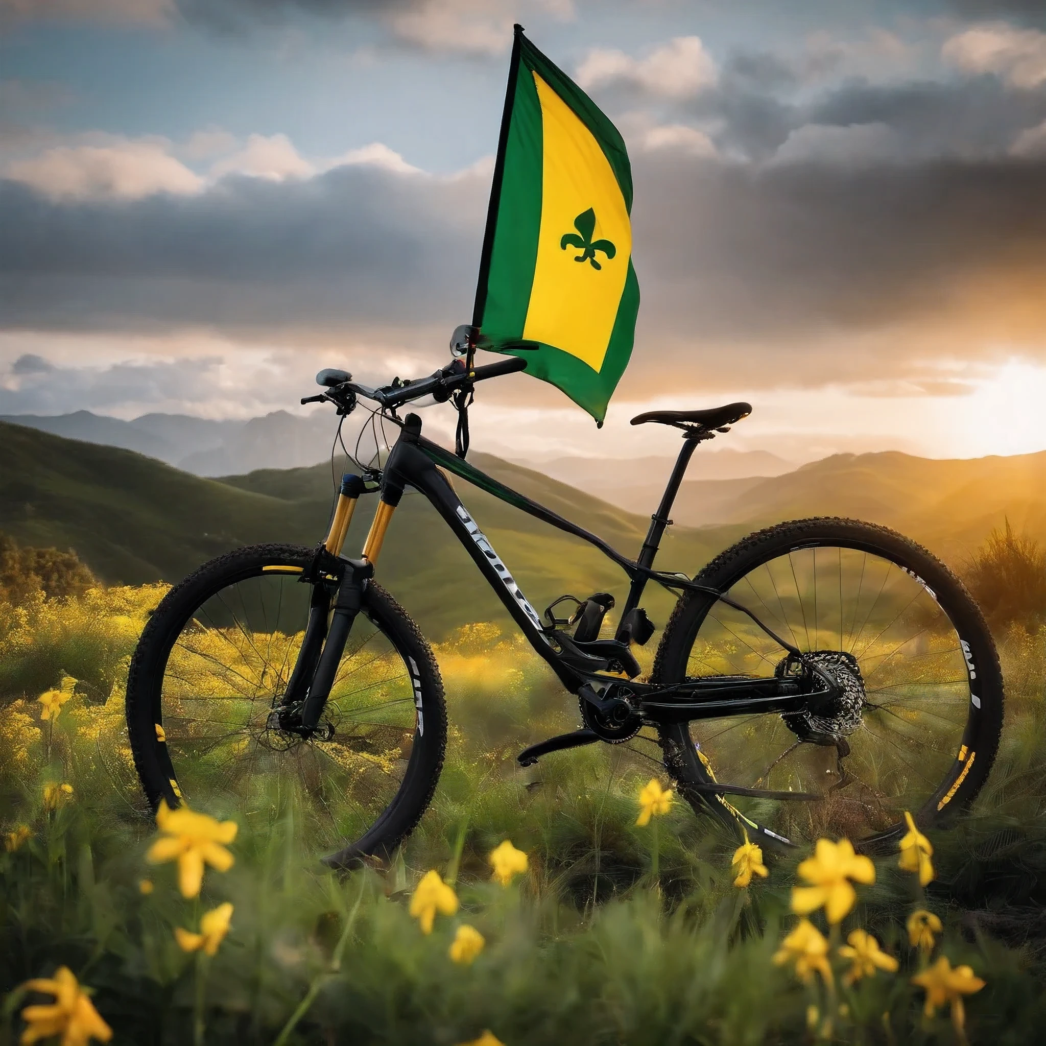 Green flag with yellow fleur de lis scout symbol, and in front of her a black MTB bike
