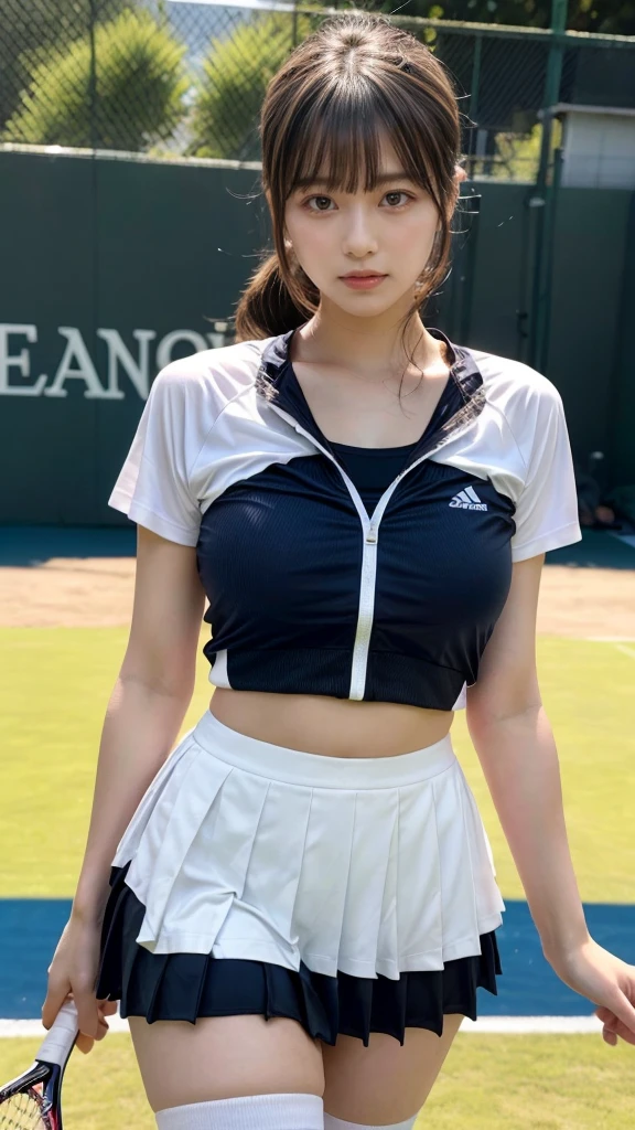 masterpiece, best quality, illustration, Super detailed, fine details, High resolution, 8K,wall paper, perfect dynamic composition, front view, standing, leaning forward, 18 year old girl, tennis player, Gravure Idol, cute type, (Details High quality, realistic depiction of eyes:1.3), Colossal tits, expresses the roundness and softness of your chest., low ponytail, black hair color, Dark makeup, Big Natural Color Lip, thick thighs, perfect body shape, plump figure, large hips, beautiful clavicle, white tennis uniform, short sleeve, shirt, skirt, socks, tennis shoes, depth of fields, natural lighting