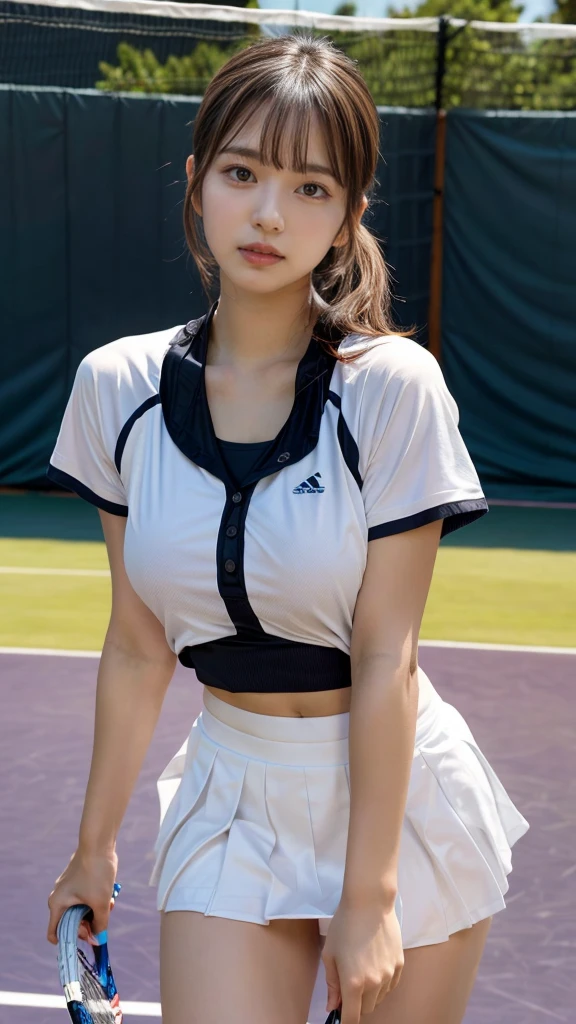 masterpiece, best quality, illustration, Super detailed, fine details, High resolution, 8K,wall paper, perfect dynamic composition, front view, standing, leaning forward, 18 year old girl, tennis player, Gravure Idol, cute type, (Details High quality, realistic depiction of eyes:1.3), Colossal tits, expresses the roundness and softness of your chest., low ponytail, black hair color, Dark makeup, Big Natural Color Lip, thick thighs, perfect body shape, plump figure, large hips, beautiful clavicle, white tennis uniform, short sleeve, shirt, skirt, socks, tennis shoes, depth of fields, natural lighting