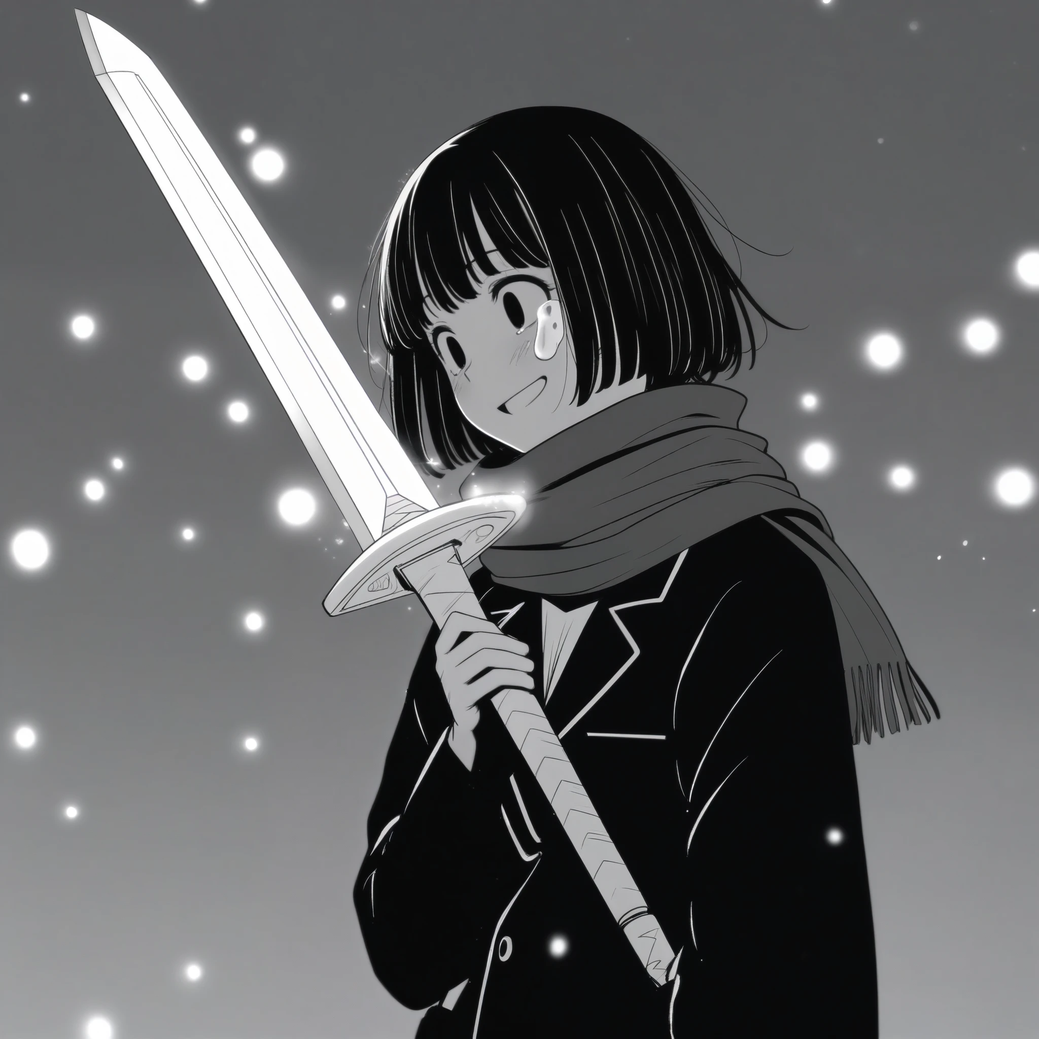 masterpiece, best quality, 1girl, mamerakkkkko, grayscale, manga style, japanese, chi no wadachi, black eyes, street, iced, black hair, schoolbag, smile, lineart, black coat, black scarf, black pleated skirt, leggings, centered, 18 years old, tall, fair skinned, bokeh background, crying, tears, tears streaming, bob cut, light particles, snowing, (((holding sword:1.1, perfect hand, detailed hand:1.1)), emotional anime scene
