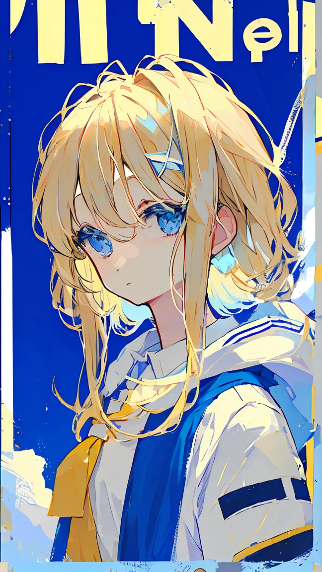 man ,ID Photo ,blonde stiff hair, blue eyes, blue outerwear,white tee