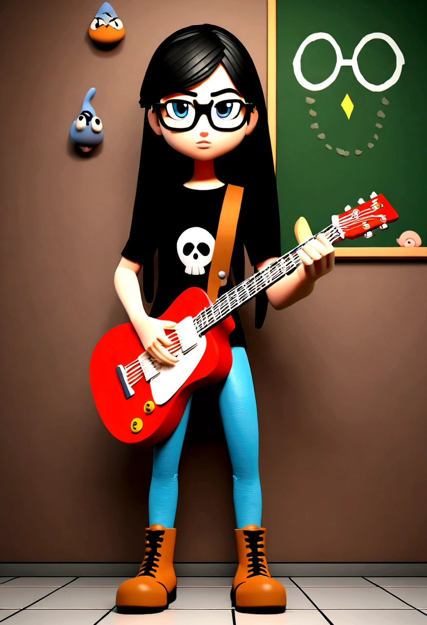 disney pixar style cartoon character, White girl, slim, with a serious and fixed look, long straight black hair, eyes black, retracted lips, big square glasses, black t-shirt with a skull design and jeans, boot. in a ager&#39;s room , with a guitar hanging on the wall, rock n roll chalkboard. Serious woman, photo by full body, drawing in 3D Art style, C4D, Disney  style, pixar style render illustration Super Detail