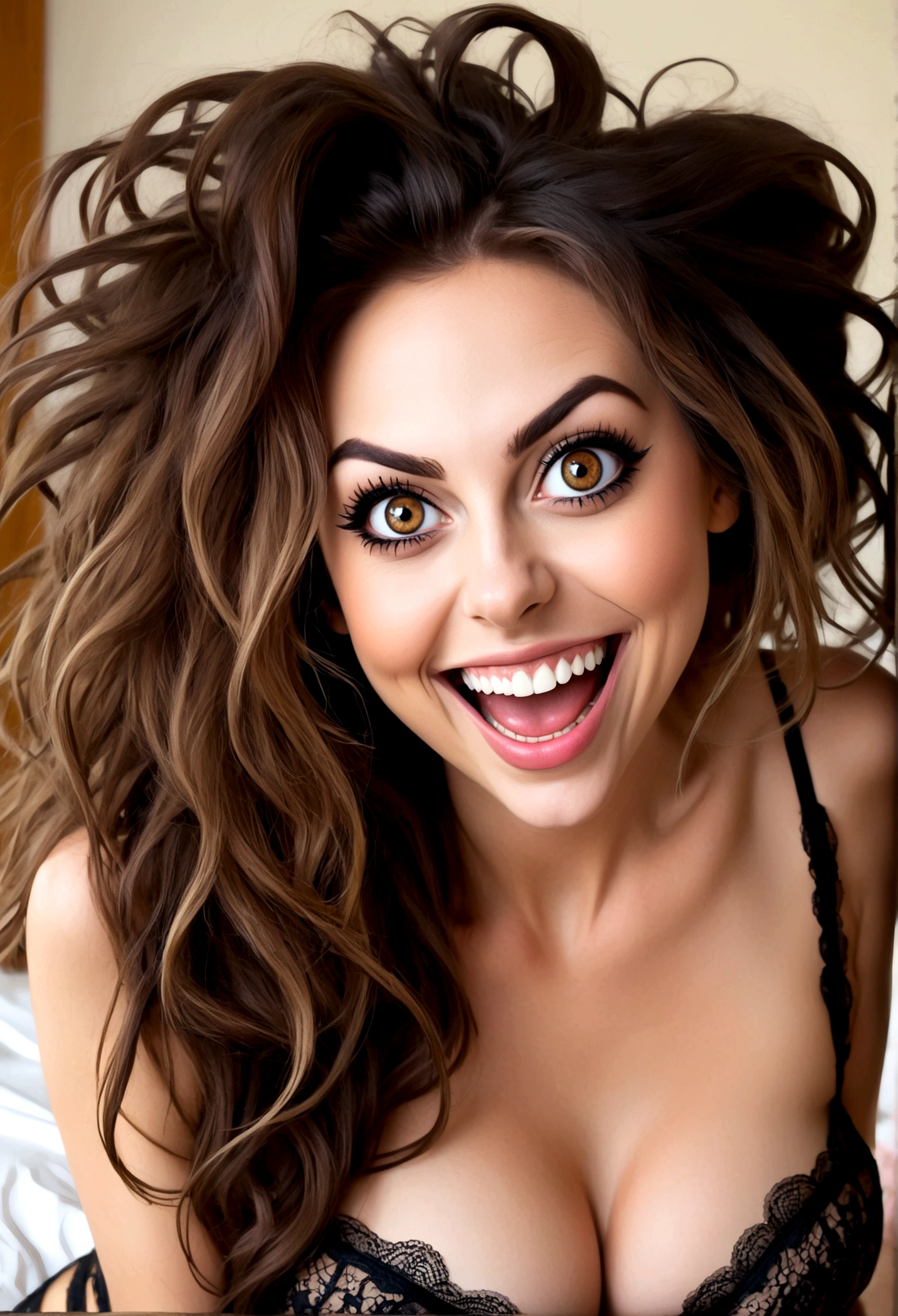 Create an image of a stunningly beautiful sexy Psychotically crazy girlfriend, Stunningly gorgeous perfect face, crazy psychotic giant smile , large crazy eyes, very large pupils, long messy hair, sexy lace lingerie, crazy facial expression,