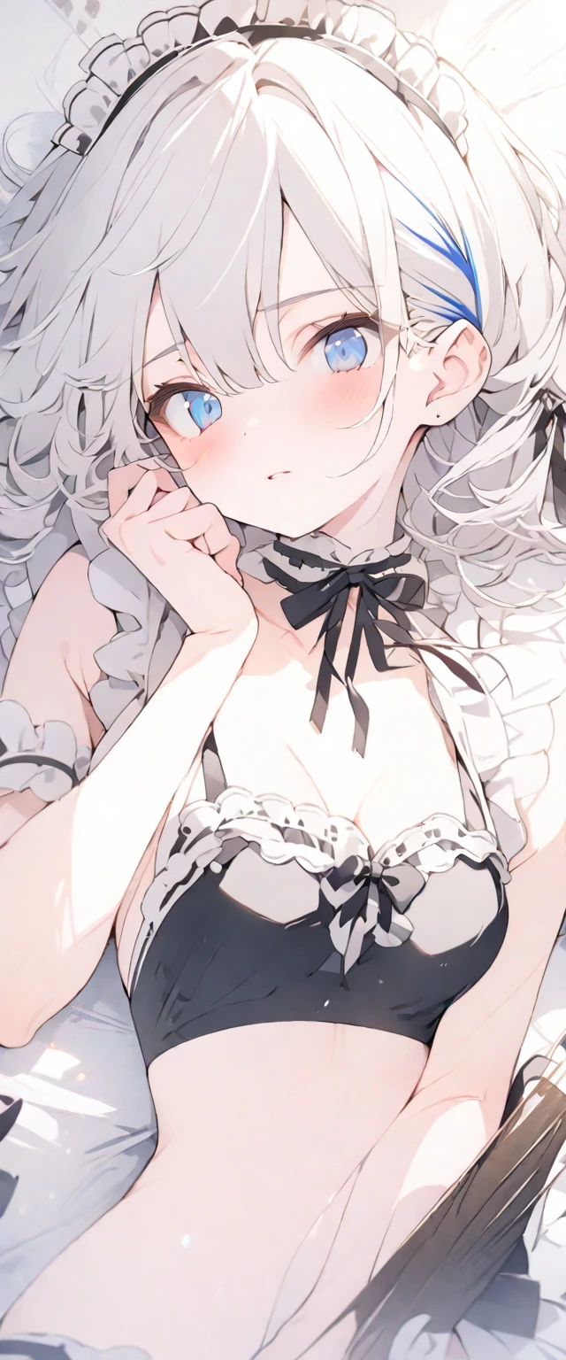 beautiful, masterpiece, Highest quality, anime, One girl, C Cup,Portrait Shot, View your viewers, Covered、Medium Hair、nearby、Blue Eyes、art、、White hair,Blue streaked hair、wallpaper、Stirring face、Thighs、Cute、bed、valley、Lying on your back、Maid Bikini、Bikini Maid