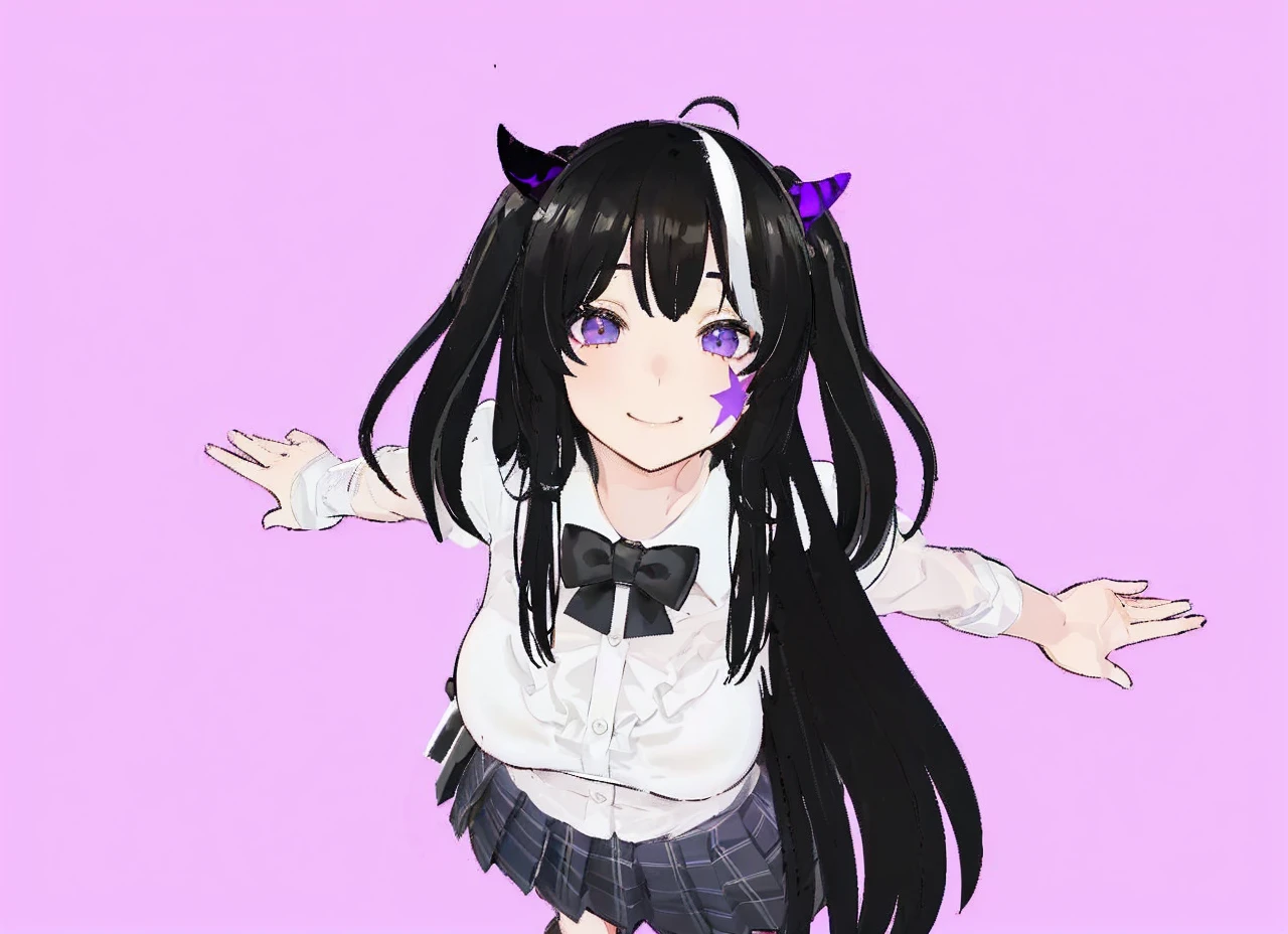 A girl with long black hair with straight bangs, with hair cut at the ends. Two large strands in the front, one bigger than the other. A rebel thread. A small white streak in your bangs. Two demon horns, one purple and one black, both with a dark purple star. one black eye and one purple eye. A purple star on your right cheek. black wide pants. All star shoe. Full white shirt with a bow tie with a star in the middle, with short sleeves. big boobies. Grinning. She is a star demon. She is standing looking at the camera. She is on earth in a place that has a lot of nature and flowers and has a small bridge, she is leaning against the bridge