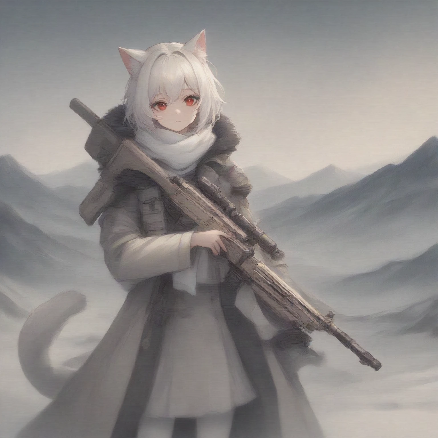 White hair (long white hair), cat ears, 1 girl, white pantyhose, red eyes, military, sci-fi drones, white scarf (white scarf covering the neck), gray angelic halo, holding a sci-fi rifle, high quality, cute, no water marks, snow, mountain (snowy mountain)