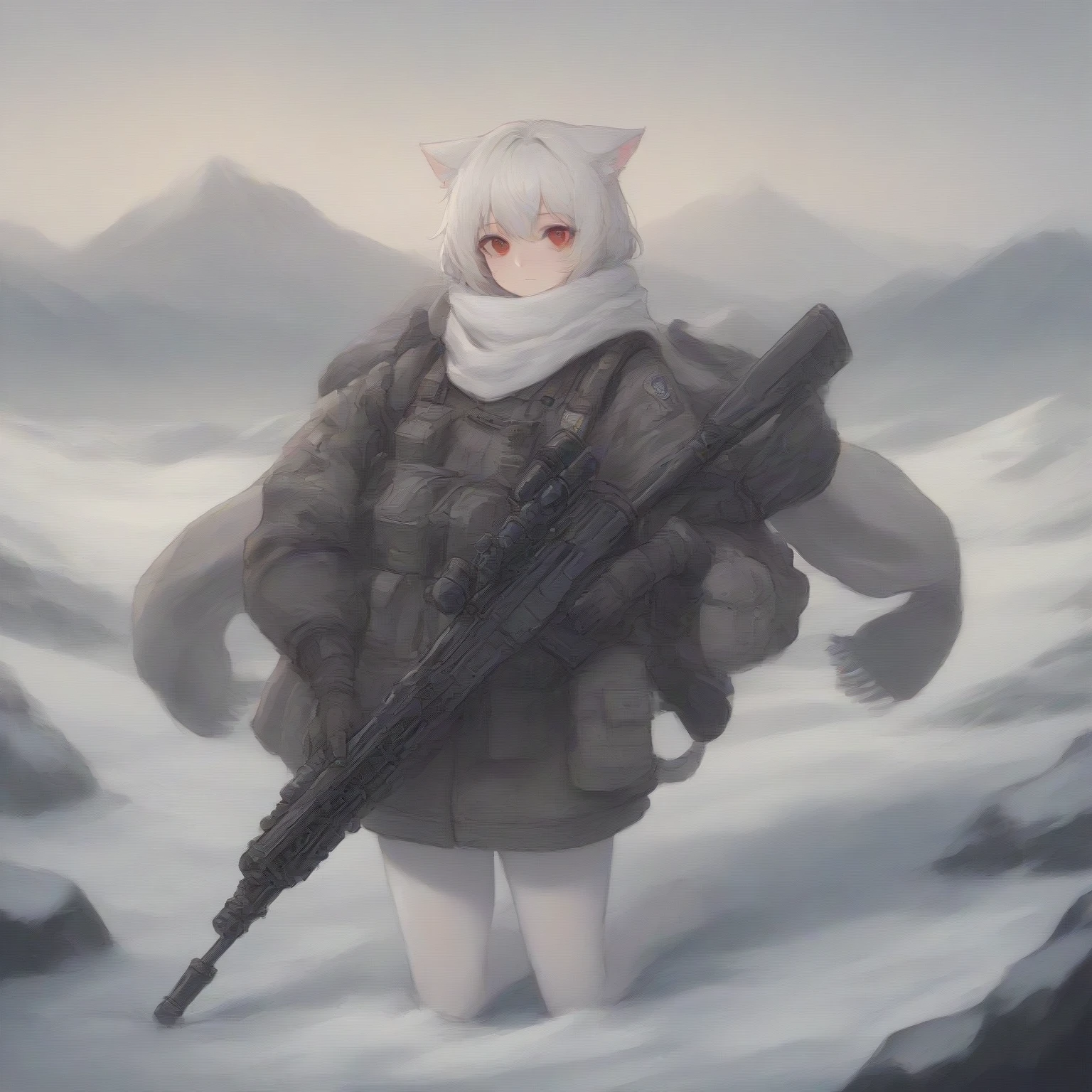 White hair (long white hair), cat ears, 1 girl, white pantyhose, red eyes, military, sci-fi drones, white scarf (white scarf covering the neck), gray angelic halo, holding a sci-fi rifle, high quality, cute, no water marks, snow, mountain (snowy mountain)