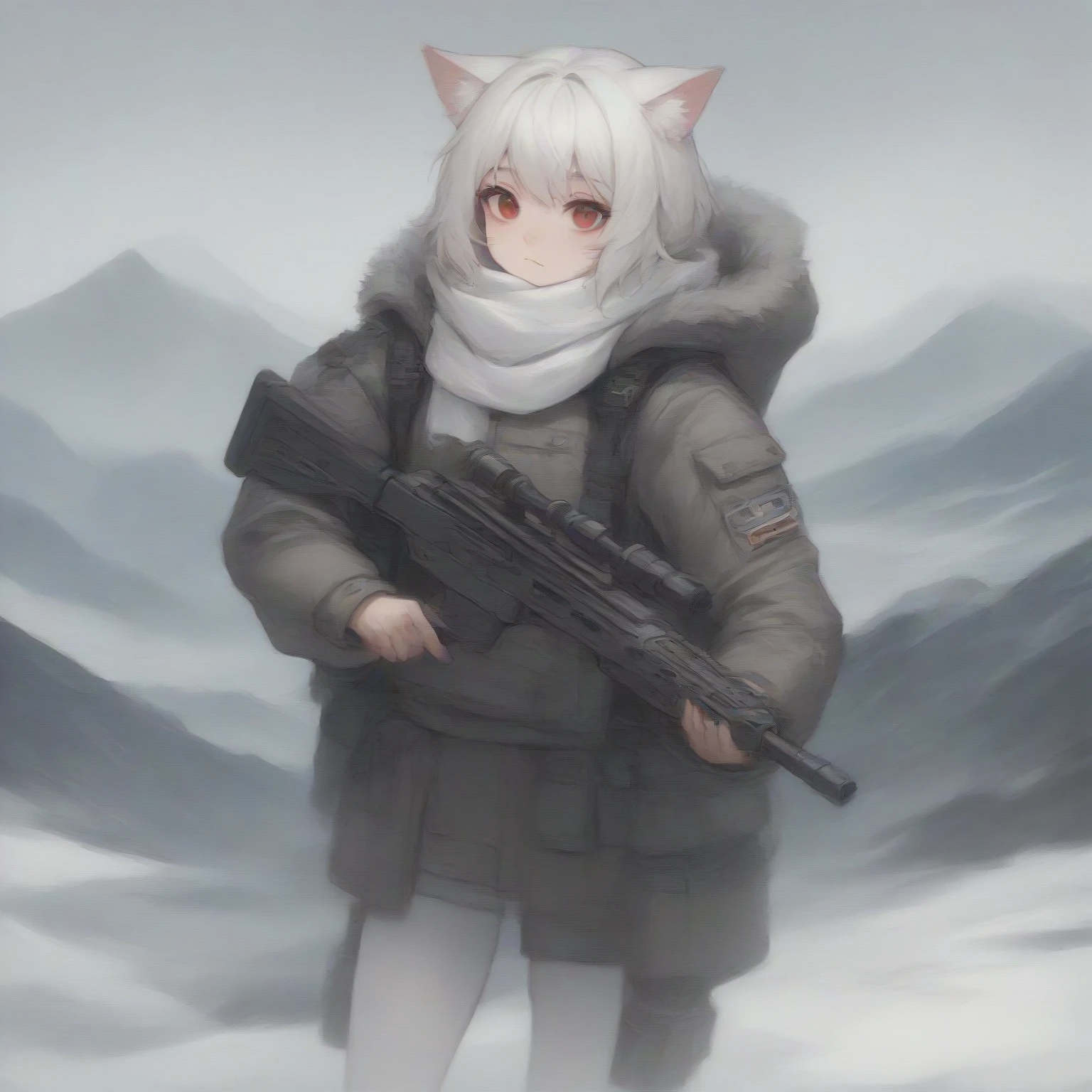 White hair (long white hair), cat ears, 1 girl, white pantyhose, red eyes, military, sci-fi drones, white scarf (white scarf covering the neck), gray angelic halo, holding a sci-fi rifle, high quality, cute, no water marks, snow, mountain (snowy mountain)