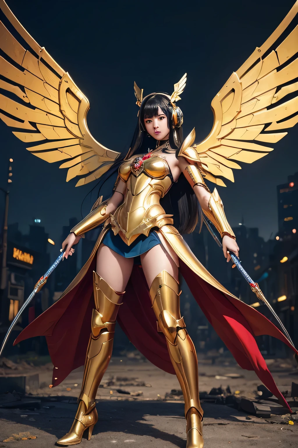 ((best quality)), ((masterpiece)), (ultra detailed), long shot fullbody a beautiful ((thai girl, long straight black hair )), 32 perfect breasts, ((gold)) headphones. wearing ((sexy mecha armor)) in ((shiny red and gold engraving)) with ((bee wings)). wearing mecha boots. holding ((blue fiery circular whip)). ((stylized dynamic pose)), background ((burnt city ruins)). ((daylight scene)), 32k UHD, ((high resolution)), reflective surfaces, sigma lens 85mm f/8.