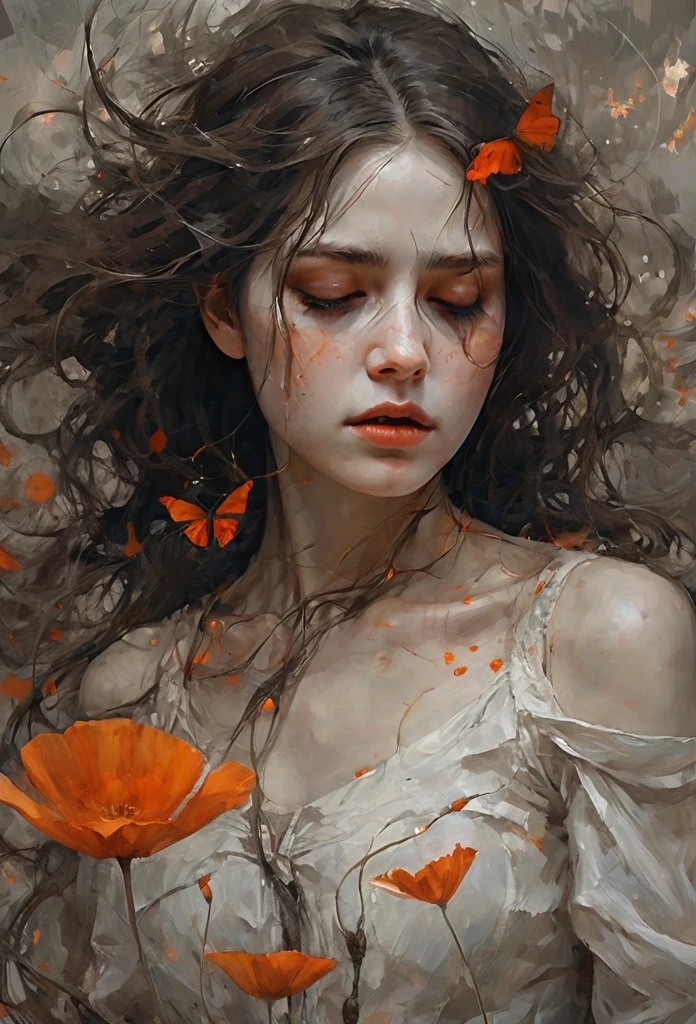 Derecha ,coquelicot, beautiful woman, sorrowful expression, faded elegance, poignant atmosphere, lost beauty, melancholic aura, hauntingly captivating, timeless grief, stark contrast, delicate decay,line art,backlighting,wind,backlighting,stardust,(wind:1.2),knight,orange blood, fire y mariposas
