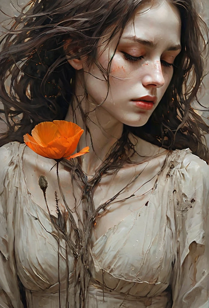 Derecha ,coquelicot, beautiful woman, sorrowful expression, faded elegance, poignant atmosphere, lost beauty, melancholic aura, hauntingly captivating, timeless grief, stark contrast, delicate decay,line art,backlighting,wind,backlighting,stardust,(wind:1.2),knight,orange blood, fire y mariposas
