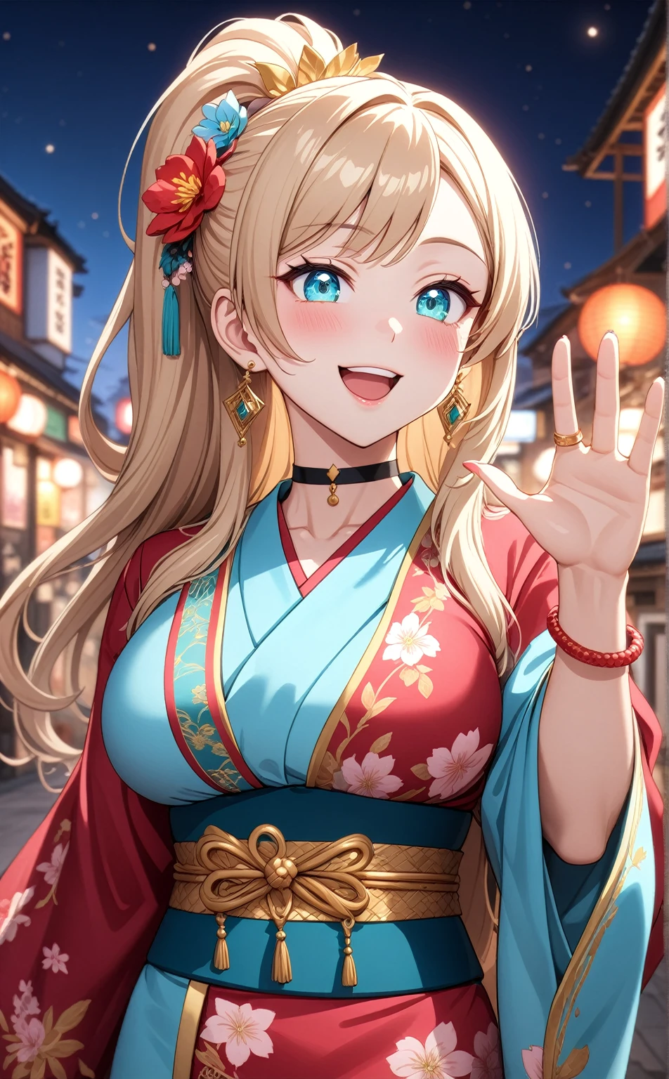 ((One personの女性)), Beautiful Face,(Laughing embarrassedly), (naughty face:1.2), ((Wink:1.9)), (head tilt:1.3), Laughing with your mouth open, upper teeth, ((full-face blush:1.5)), looking at viewer, Glossy Red Lips, (Shining Face), ((Anime style background)) , night, Observatory, Festival decorations, firework, ,masterpiece, Highest quality, so beautiful,up to date, Complex details, (Pink long nails),(ring),(bracelet),(choker),AI-generated, Complex,High resolution, Highest quality, super high quality,3D Images、3D Images,One person,Long blonde hair,ponytail, wavy hair ,写真のポーズをとるAnime Women, ((Fine grain、Turquoise Eyes、Shining Eyes:1.3)), (Squint your eyes:1.1),a hyperRealistic , hyperRealistic , Realistic,Anime Women, Smooth anime CG art, A woman in a colorful kimono with gold embroidery, (Pink long sleeve kimono),Red floral pattern,Long flower hair ornament,Earrings,Mature Body,(Big Breasts:1.1),Tall,Abdominal muscles,Tight waist,(face focus:1.4), ((front view)),