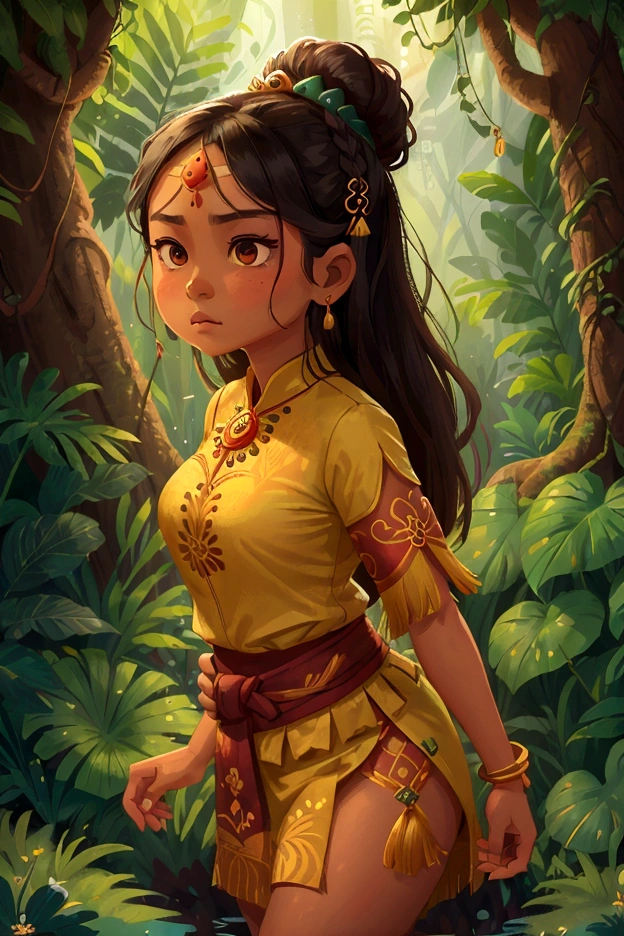 Create a captivating 4K resolution close-up portrait of Timun Mas, the brave heroine from the Javanese folktale, capturing her courage and determination:
Visualize Timun Mas with her distinct features: her dark, flowing hair adorned with traditional Javanese floral ornaments or a simple headband. Her eyes, expressive and determined, should reflect her bravery and unwavering spirit.
Dress Timun Mas in traditional Javanese attire, featuring a richly patterned batik sarong and a kebaya blouse. The outfit should be adorned with intricate details that showcase the cultural heritage of Java, with vibrant colors and elaborate designs.
Set the scene against a lush, tropical rainforest backdrop, with towering trees, dense foliage, and hints of ancient Javanese architecture or traditional village elements. Include elements such as mystical glowing plants or magical items she uses in her quest, enhancing the folklore atmosphere.
The color palette should be rich and vibrant, with deep greens from the rainforest, complemented by the warm earth tones and vivid colors of her traditional attire.
Timun Mas's expression should convey a blend of determination, courage, and a touch of vulnerability, capturing her heroic journey to escape the giant and protect her village. Her gaze should be resolute and fearless, embodying her role as a symbol of bravery and resilience in Javanese folklore.
This portrait aims to celebrate Timun Mas as a legendary heroine, capturing her iconic features and the rich cultural heritage of her story in a vivid and enchanting setting.