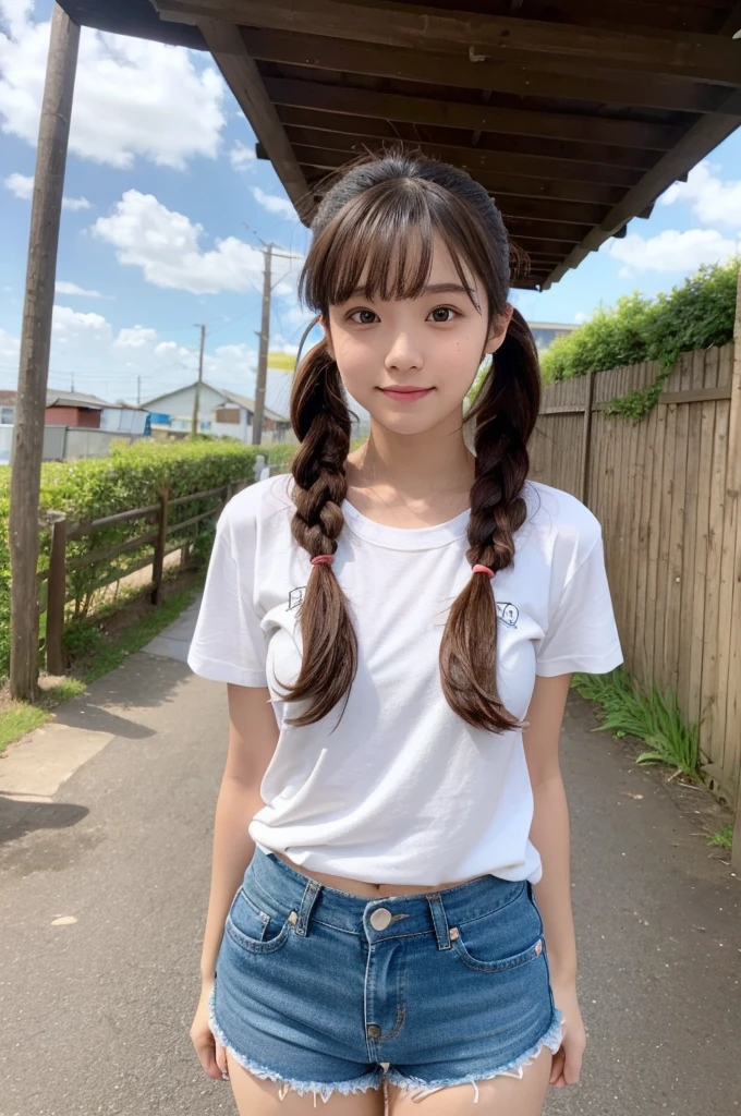 (masterpiece), (Highest quality), (High resolution),Realistic skin texture, Perfect Face, Realistic, Perfect hands, Perfect finger count, Japanese, Girl, (), Big Eyes, Brown eyes, Brown Hair, bangs, Twin tails, Hair Ribbon, Small face, smile, , ((A tight fitting T-shirt, Low-rise shorts)), Cute standing pose, Alley, Blue sky and clouds, Hair blowing in the wind, Fisheye Lens