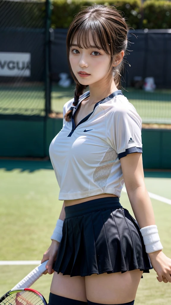 masterpiece, best quality, illustration, Super detailed, fine details, High resolution, 8K,wall paper, perfect dynamic composition, front view, standing, leaning forward, 18 year old girl, tennis player, Gravure Idol, cute type, (Details High quality, realistic depiction of eyes:1.3), Colossal tits, expresses the roundness and softness of your chest., low ponytail, black hair color, Dark makeup, Big Natural Color Lip, thick thighs, perfect body shape, plump figure, large hips, beautiful clavicle, white tennis uniform, short sleeve, shirt, skirt, socks, tennis shoes, depth of fields, natural lighting