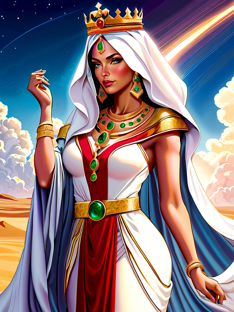 Imagine a grand scene。1 The girl sat majestically on a throne made of emeralds and rubies,Behind her is a huge canopy,Towering into the sky,Made of equally impressive jewellery,The universe forms the backdrop for this gorgeous scene,She exudes noble elegance,Her attire is reminiscent of the robes worn by Israelite priests.,But the authoritative position,In her hand she holds a sword forged of emeralds and rubies,Represents her strength and leadership。She wore a radiant crown on her head,It is adorned with the most brilliant jewels,Creating a celestial halo around her,When the sun shines in the background,She exudes overwhelming energy.,There's crackling electricity all around,Demonstrated her authority,A white smoky veil shrouds her,Symbolizes the Holy Spirit,and emphasized her spiritual status and divine connection,This scene embodies her awesome presence,Strong and authoritative。