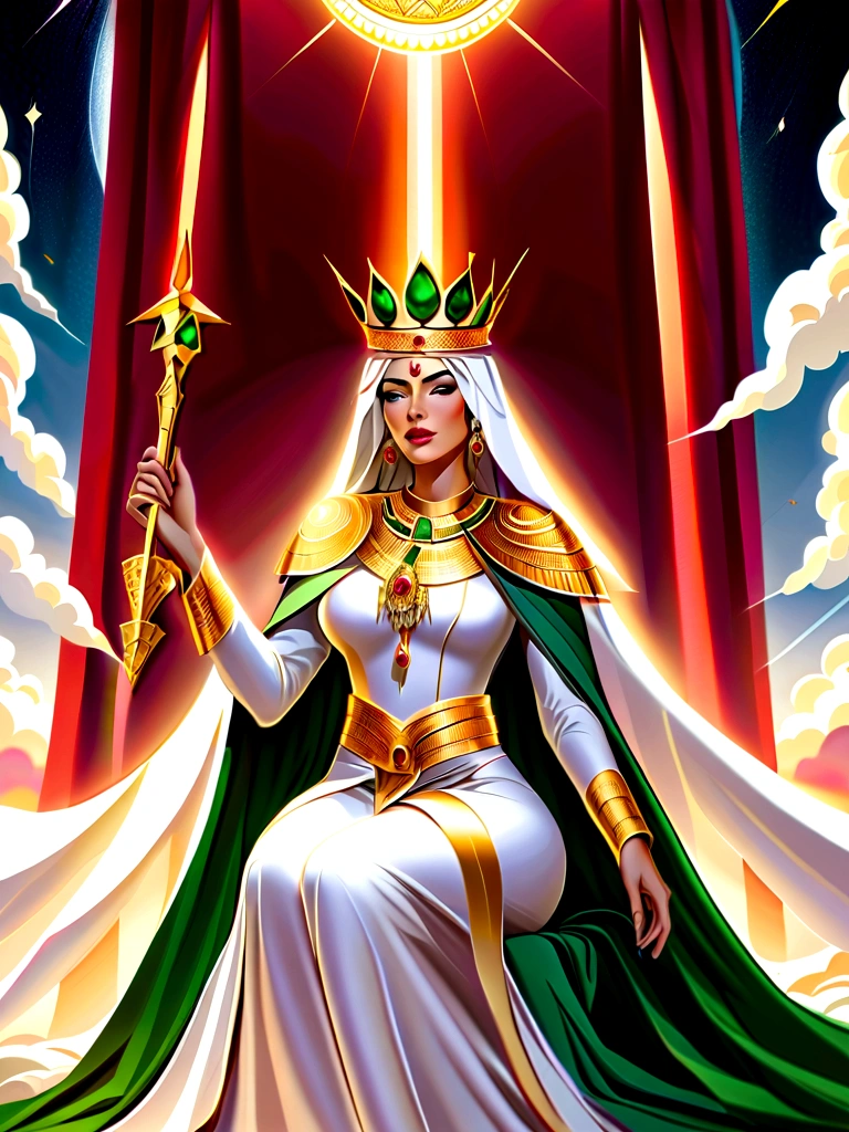 Imagine a grand scene。1 The girl sat majestically on a throne made of emeralds and rubies,Behind her is a huge canopy,Towering into the sky,Made of equally impressive jewellery,The universe forms the backdrop for this gorgeous scene,She exudes noble elegance,Her attire is reminiscent of the robes worn by Israelite priests.,But the authoritative position,In her hand she holds a sword forged of emeralds and rubies,Represents her strength and leadership。She wore a radiant crown on her head,It is adorned with the most brilliant jewels,Creating a celestial halo around her,When the sun shines in the background,She exudes overwhelming energy.,There's crackling electricity all around,Demonstrated her authority,A white smoky veil shrouds her,Symbolizes the Holy Spirit,and emphasized her spiritual status and divine connection,This scene embodies her awesome presence,Strong and authoritative。