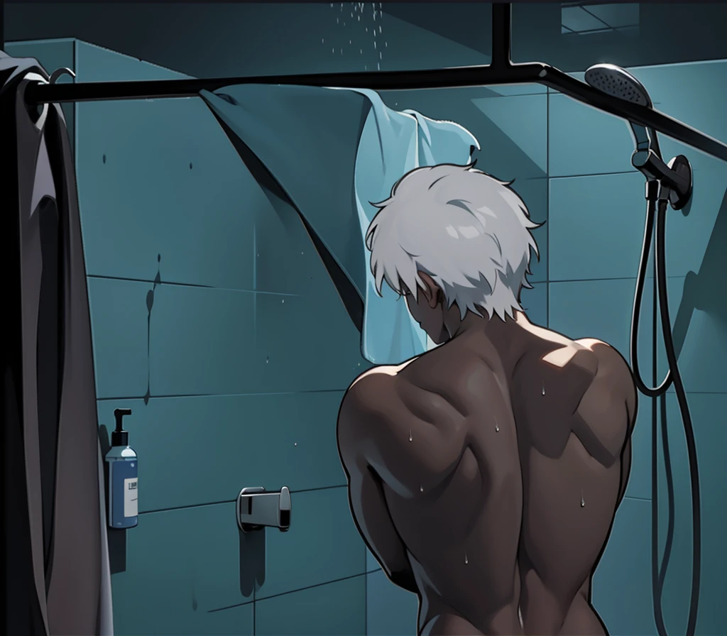 A 17-year-old gray-haired male is on his back. In the shower, the water falls on his body. He is on his back.