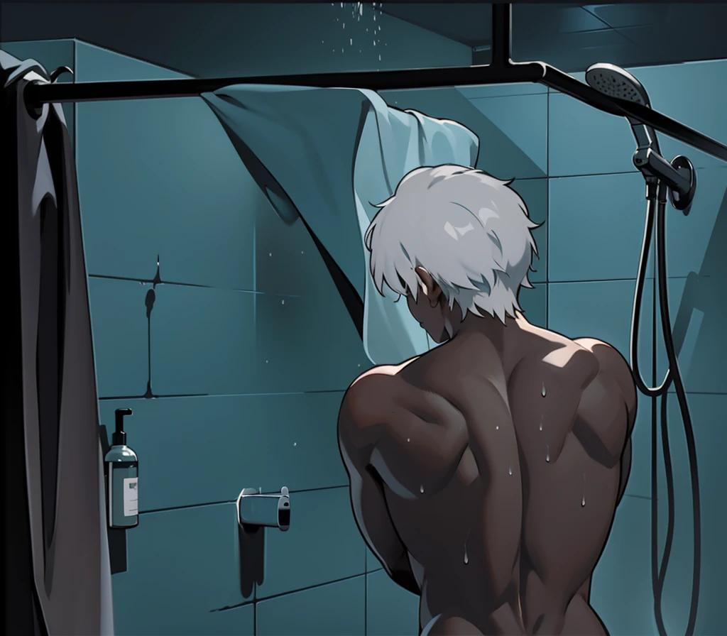 A 17-year-old gray-haired male is on his back. In the shower, the water falls on his body. He is on his back.