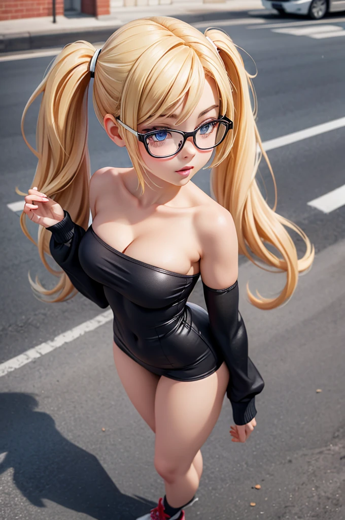 ((medium breasts)), ((erotic, sexy)), 28-year-old student in a shirt, blonde, (dressed as a , on the street), beautiful detailed eyes, light face, ((Full body photo)), (Pigtails), shapely ass, wears glasses, with sleeves, strapless,