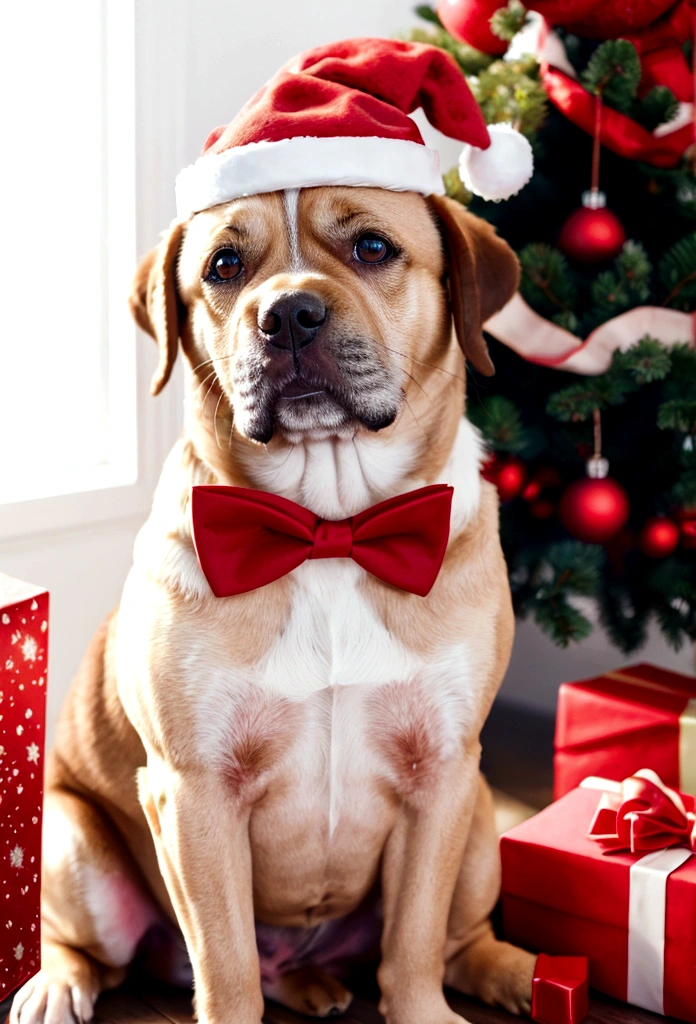 Dog wearing Santa hat and red bow tie,happy dog,Lighted Christmas tree in the background, Fresh and lovely,warm color palette,Warm scene,Natural light,Pastel tones
