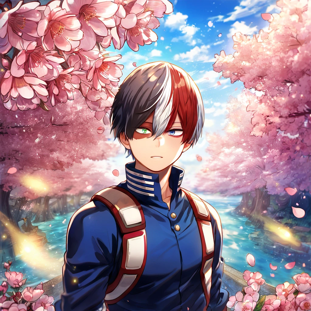 Ultra detailed, highres, absurdres, HDR, master piece, Todoroki Shouto, bicolor hair, right side is white, left side is red, heterochromia, right eye is grey, left eye is blue, Boku No Hero Academia, fantasy, pink petals, water, pink flowers, handsome, sexy man, solo, best quality, blossoms, blue shining fireflies, blue clothes, magical, 