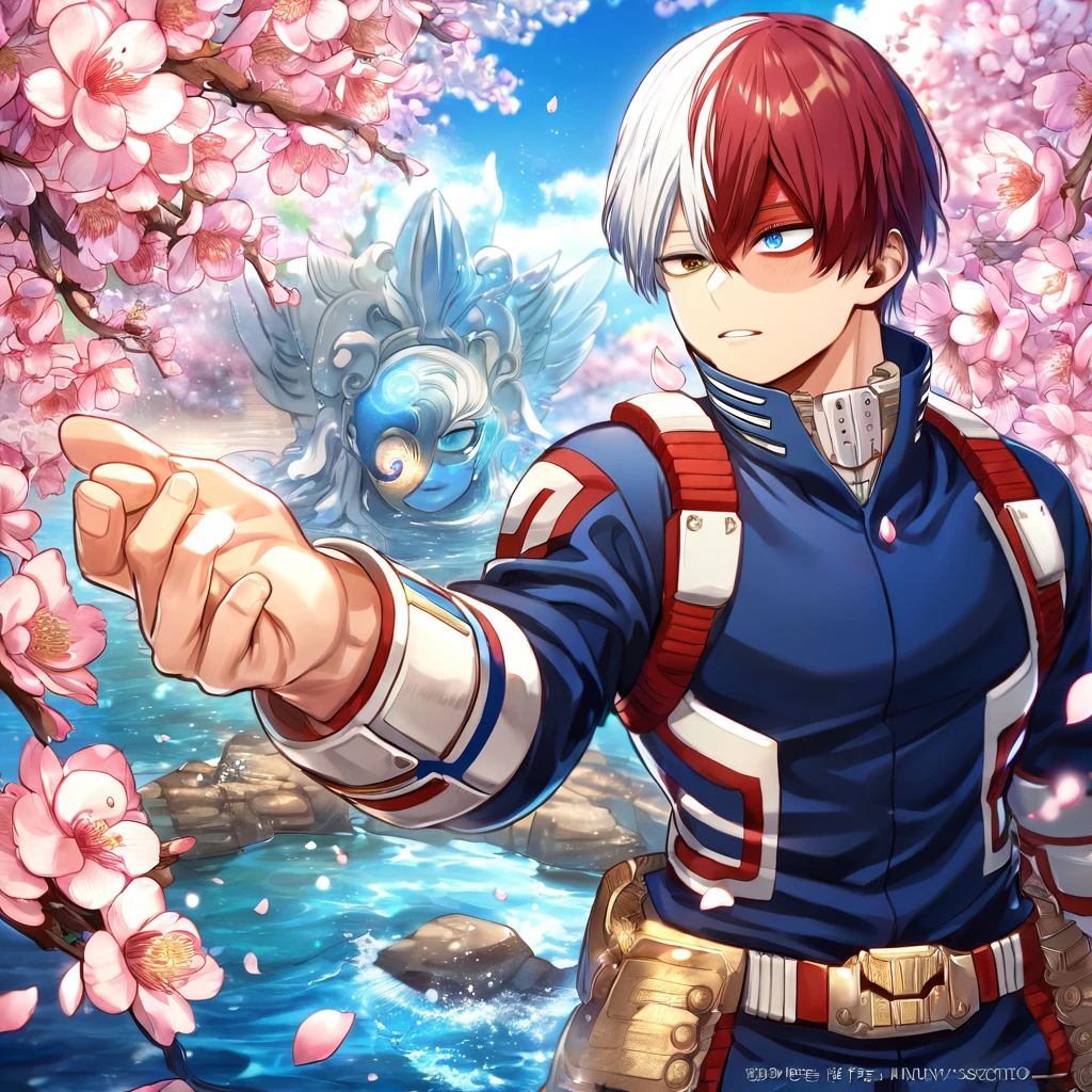 Ultra detailed, highres, absurdres, HDR, master piece, Todoroki Shouto, bicolor hair, right side is white, left side is red, heterochromia, right eye is grey, left eye is blue, Boku No Hero Academia, fantasy, pink petals, water, pink flowers, handsome, sexy man, solo, best quality, blossoms, blue shining fireflies, blue clothes, magical, 