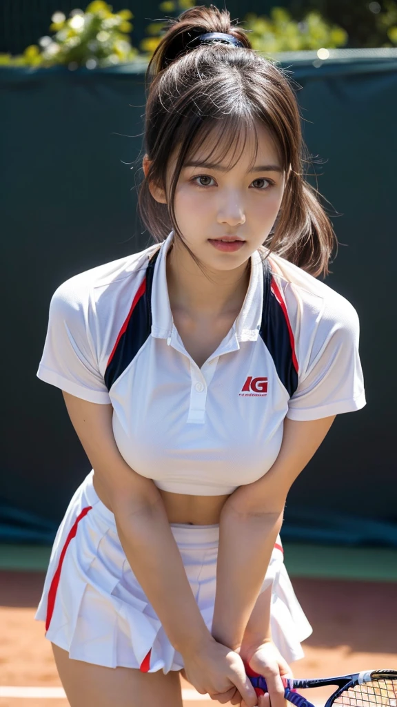 masterpiece, best quality, illustration, Super detailed, fine details, High resolution, 8K,wall paper, perfect dynamic composition, front view, standing, leaning forward, 18 year old girl, tennis player, Gravure Idol, cute type, (Details High quality, realistic depiction of eyes:1.3), Colossal tits, expresses the roundness and softness of your chest., low ponytail, black hair color, Dark makeup, Big Natural Color Lip, thick thighs, perfect body shape, plump figure, large hips, beautiful clavicle, white tennis uniform, short sleeve, shirt, skirt, socks, tennis shoes, depth of fields, natural lighting