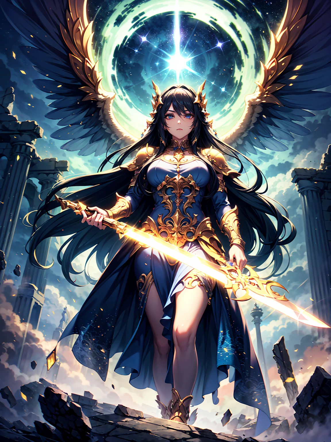 (((masterpiece, best quality, high detailed, 8k)))Full body shot of a fearless paladin with unparalleled beauty, featuring long, dark hair and striking blue eyes. She wears intricately designed draconic armor that glimmers with a mystical aura. Her armor is adorned with dragon scales and ornate patterns, giving it both an imposing and elegant appearance. In her hand, she wields a magnificent sword, the blade shimmering with a divine light, etched with runes of power. She stands in a majestic, celestial landscape, with radiant light filtering through the clouds, casting a holy glow upon her. The ground beneath her is a mix of ancient stones and sacred symbols, glowing softly as if infused with holy energy. Surrounding her are ethereal figures in shades of gold and white, their presence adding to the divine ambiance. The background features towering, ancient ruins and magnificent, skyward-reaching structures, hinting at a grand, heavenly stronghold. The scene is inspiring and powerful, with her face showing a serene yet determined expression, her eyes locked onto her noble mission. [Best quality], [Masterpiece], [Ultra-detailed], [4k], {inspiring|majestic} atmosphere, celestial landscape, {dynamic pose|noble stance}, radiant illumination, {soft shadows|divine lighting}, {glowing ancient stones:0.7}, {ethereal figures:0.6}, {heavenly architecture:0.5}, {towering ruins:0.4}, {skyward-reaching structures:0.3}.
