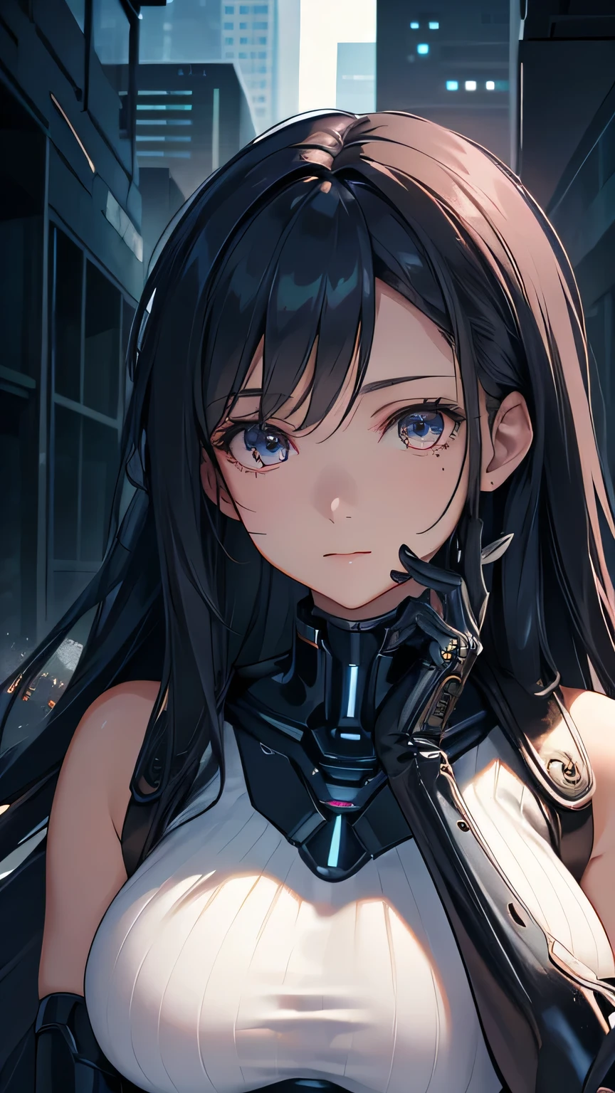 beautiful face, best quality, ultra high resnatural light, shiny skin, detailed skin, detailed face, detailed eyes, beautiful lady, big hair, mole under eye, A scene from a science fiction movie, background(Abandoned futuristic city), a body-hugging navy metal suit, thick belt, Bust Shot