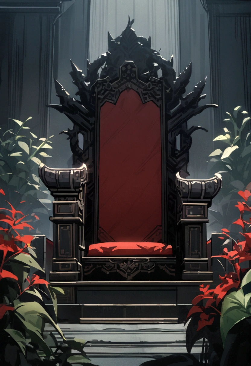 Chinese royal hall, one throne, thorn plants, dark light, empty room, gloomy composition, black and red throne, thorn plants around the throne, close up throne