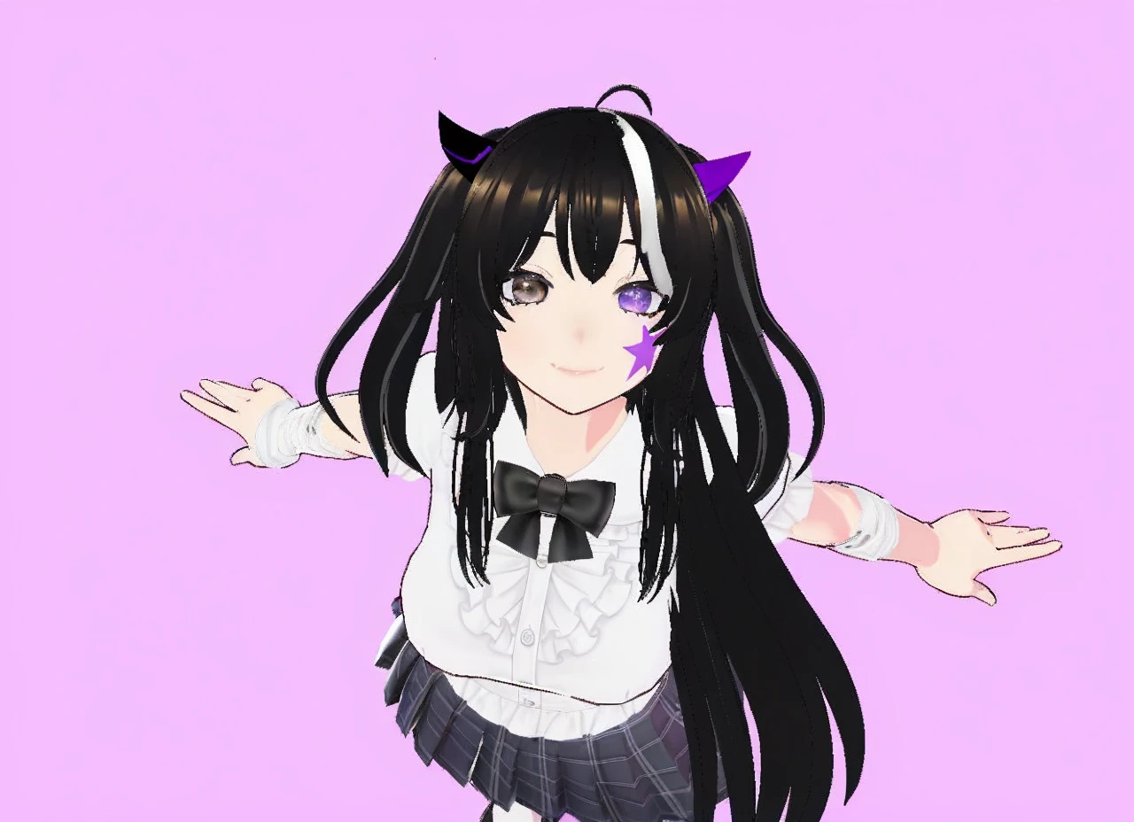 A girl with long black hair with straight bangs, with hair cut at the ends. Two large strands in the front, one bigger than the other. A rebel thread. A small white streak in your bangs. Two demon horns, one purple and one black, both with a dark purple star. one black eye and one purple eye. A purple star on your right cheek. black wide pants. All star shoe. Full white shirt with a bow tie with a star in the middle, with short sleeves. big boobies. Grinning. She is a star demon. She is standing looking at the camera. She is on earth in a place that has a lot of nature and flowers and has a small bridge, she is leaning against the bridge