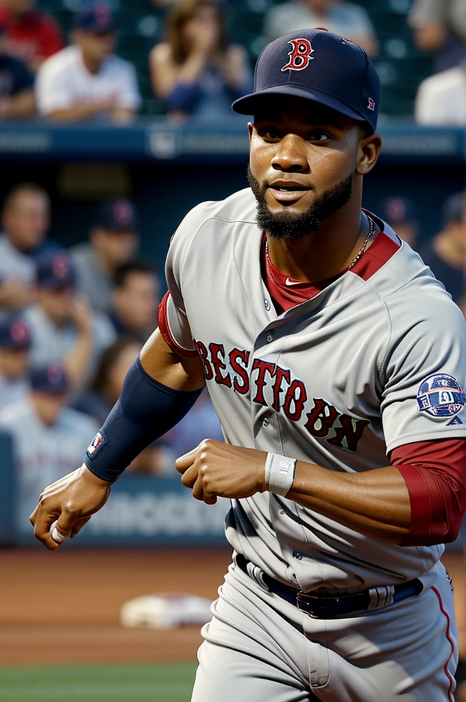 Real life ultra 3d cartoon character of a Boston Red Sox mlb player in uniform on the field
