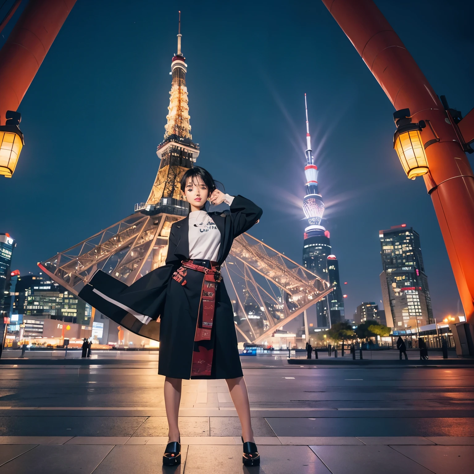 A confident, energetic individual with expressive facial features, embodying creativity and innovation. The person has a trendy fashion sense, indicative of their awareness of current trends, and stands in a dynamic pose. They are surrounded by elements representing Tokyo, such as Tokyo Tower and modern urban architecture. The background features a blend of traditional and futuristic elements, symbolizing the city's evolution. The person exudes an aura of leadership and enthusiasm, ready to take on new challenges and inspire those around them.