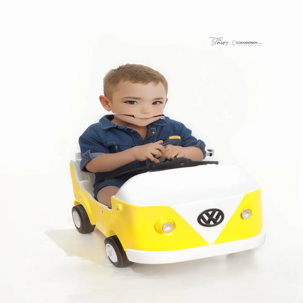 sharp boy in a yellow and white toy car, toy commercial photo, driving a toy car, portrait photo, Combined, full body photography, shot in photo studio, scenic full photo, beautiful photo, top down photo , , photo shoot, toy photo, cute boy, 2 years old, product introduction photos,
