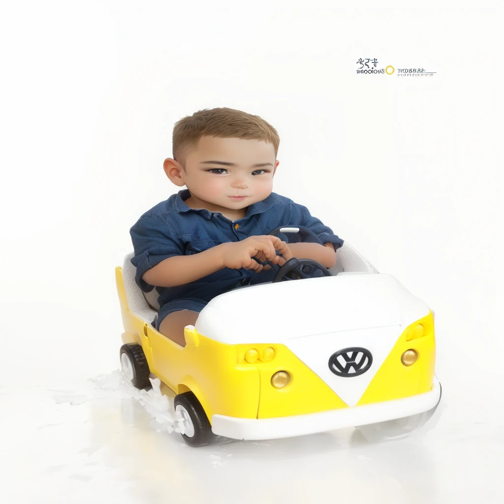 sharp boy in a yellow and white toy car, toy commercial photo, driving a toy car, portrait photo, Combined, full body photography, shot in photo studio, scenic full photo, beautiful photo, top down photo , , photo shoot, toy photo, cute boy, 2 years old, product introduction photos,
