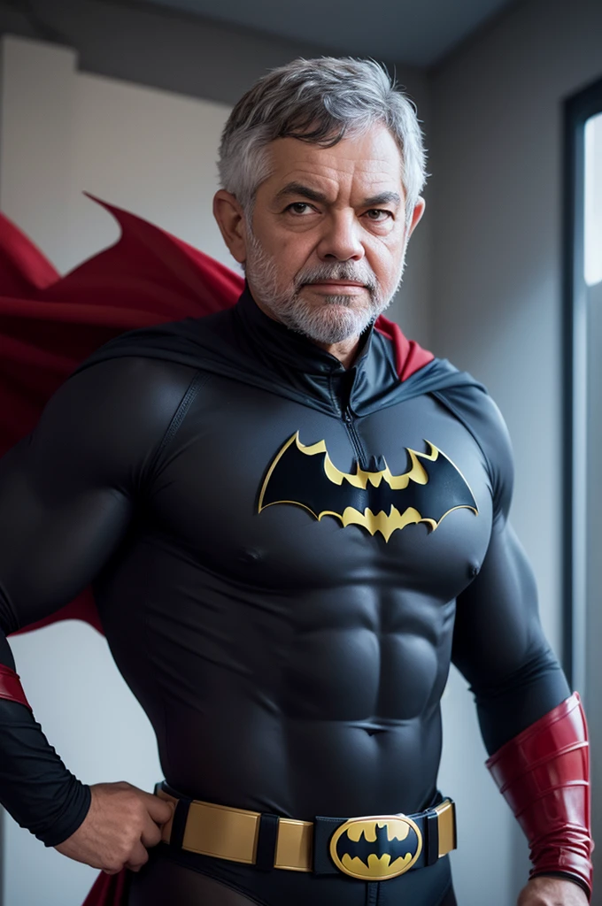 Realistic image of Lula dressed as Batman looking at Bolsonaro dressed as Superman