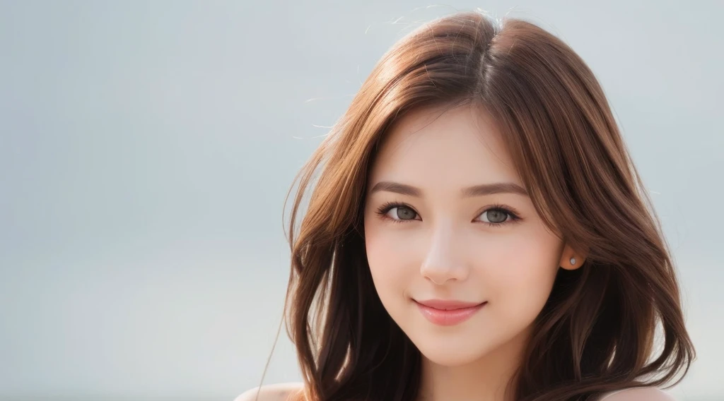 Create an image of a beautiful woman with chestnut brown hair. The background is clean white. She is making direct eye contact with the camera, and the focus is on her upper body. She is smiling gently, radiating a sense of beauty and confidence. Design the image with the intention of using it for beauty-related promotions, capturing the essence of a confident and approachable beauty. Pay attention to details such as her hair, facial expression, and the overall composition against the clean white background
