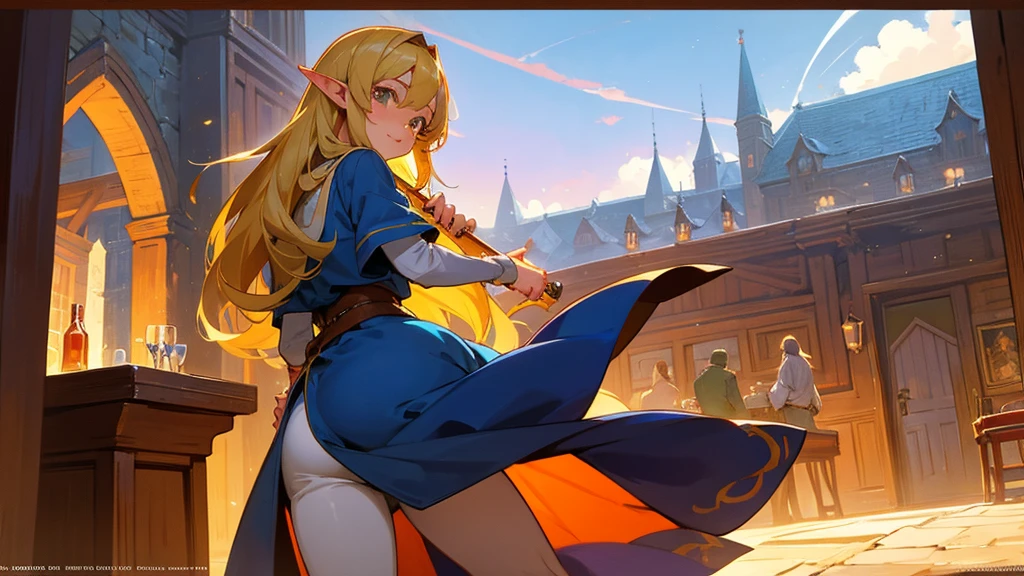 Anime Style,Nostalgic,Detailed background,The medieval world,A lively bar with lots of people,Beautiful sky,A beautiful bard elf girl looking back at me,Protruding buttocks
