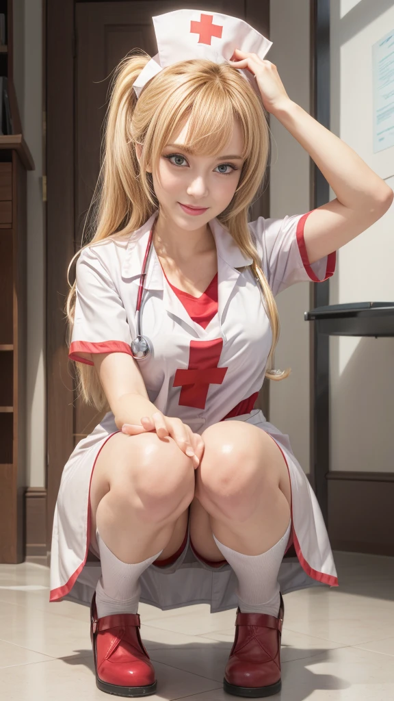 A character kneeling wearing a nurse's hat, Girl is crouching, beautiful girls squatting, Seductive girls, Surreal , Attractive girl, Surreal, ((Cute face, Idol Face)), Anime Best Girl, Young girl, cute girl, ((Japanese beautiful girl:1.2, , Baby Face:1. (Naughty Style), belt, socks, loafers, See-through, ((Sexy grey underwear is visible:1.2)), ((Shy expression:1.3, blush)), (Highest quality, 8K, masterpiece:1.2, RAW Photos), ((Detailed eyes and face, Professional photography techniques, Cinema Lighting))